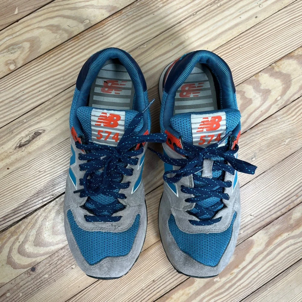 New Balance 574 Grey Blue Orange Suede Mesh Sneakers Mens 9 athletic casual shoe
